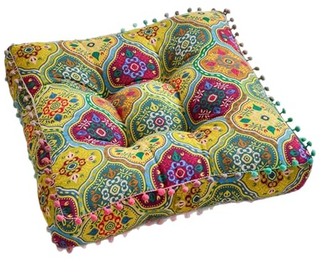 JAYIOLA Sitzkissen Bohemian Sitzpolster Indoor Kissen Patchwork Quadrat Meditations- Baumwoll-Canvas mit Mandala-Druck für Entspannte Momente für Wohnzimmer Schlafzimmer Büro, Truthahngelb