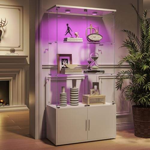 Teahutty Glasvitrine Standvitrine, Schrank für Sammlung mit LED, mit 4-türig und 2 Einlegeböden transparent, Unterschrank aus Holz, Figur vitrine, Glas Vitrine(Weiß, Spotlight)