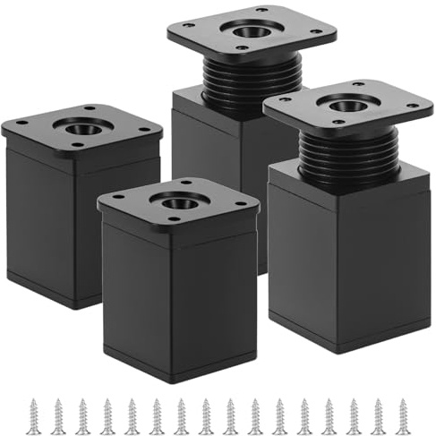QWORK® Lot de 4 Pied de Meuble Réglable en Aluminium, 40x40x60mm, Réglage de 10 mm –Pieds avec Plaque de Fixation et Vis Incluses