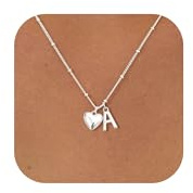KINHOPI Initial Necklace for Women Girl Silver Necklace A-Z Letter & Heart Pendant Dainty Station Chain Trendy Everyday Personalised Jewellery Gift, Initial A
