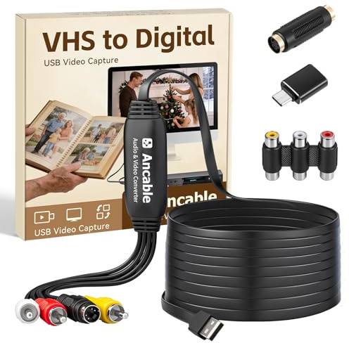 6-Feet VHS to Digital Converter, Video Capture Card for Mac/Windows, Preserve Old Family Memories from VCR VHS Hi8 MiniDV, USB 2.0 RCA to USB with S-Video & USB-C Adapter, Full Software Guide Included