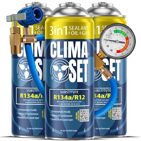 ClimaSet - 3 x 3 en 1: Gas sustituto r134a para Recarga de Aire Acondicionado, Aceite, sellador de Fugas y 1 Manguera - Kit de Recarga de Gas para Aire Acondicionado para Automóviles - 510 g