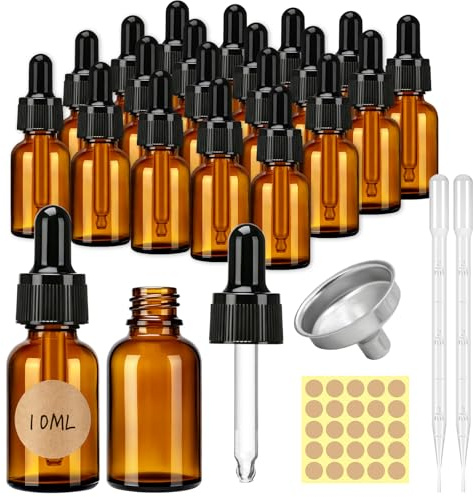 Dotilili 20 st 10 ml bärnsten droppflaskor i glas, påfyllningsbara ögondroppflaskor med pipetter, tratt och etiketter, tomma provflaska för eteriska oljor, parfymer, aromaterapi, kemilaboratorium