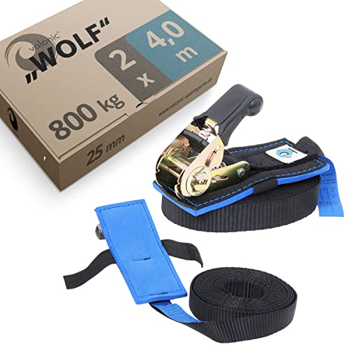 valonic WOLF - 2x 6m cinghie di fissaggio con cricchetto, 25mm, 800 Kg, imbottita, certificate TÜV Rheinl. / GS, EN-12195-2 - nero, Cinghia per fissare idel carico per SUP o kayak