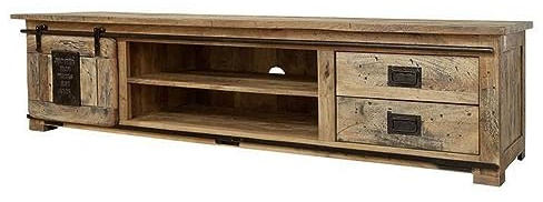 MASSIVMOEBEL24.DE TV-Board Mango Natur lackiert Railway #136 | 200 cm (BxTxH) 70 kg Industrial montiert vollmassiv