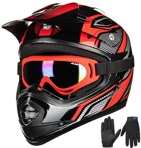 ILM Kinder Motocross Dirt Bike Motorradhelm ATV mit Goggles Sport Handschuhe ECE Approved B07,Rot Silber,Jugend-L