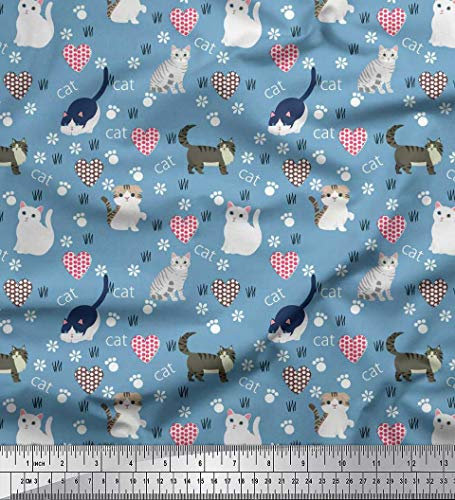 Soimoi Blau Baumwolljersey Stoff Herz, Fuuabdruck & Katze Tier Drucken Nahen Stoff 1 Meter 58 Zoll breit