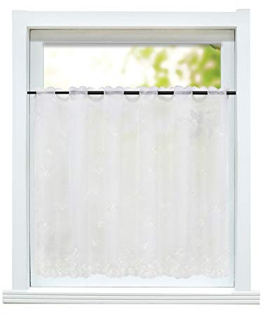 ESLIR Scheibengardine, Kurzgardine Bestickt, Blumen Weiß HxB 45x110cm | Voile Landhaus Bistrogardine, Küche Gardinen, Transparent Vorhänge mit Stickerei, 1 Stück