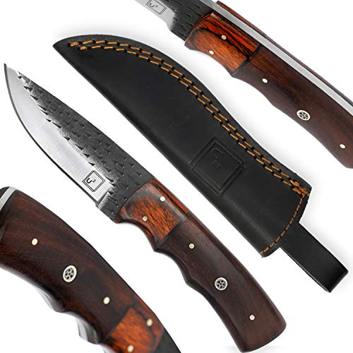 USQUARE UE-018, Couteau de Chasse 20,32 cm avec étui, Couteau à Lame Fixe, Couteau de bushcraft en Acier 1095, Manche en Bois de Pakka et Bois de Noyer, Pleine Soie, pour la Chasse et Le Camping