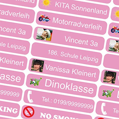 INDIGOS UG - Namensaufkleber Kinder Schule mit Foto - 36x7 mm - 10-150 Sticker - rosa - personalisiert - selbstklebend - Etiketten für KITA, Sport, Sticker selbst gestalten