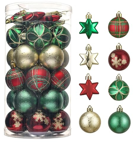 Valery Madelyn Weihnachtskugeln 35 Stück 5 cm Bruchsichere Christbaumkugeln mit Aufhänger, Plastik Weihnachten Deko Landstraße Thema Rot Grün Gold