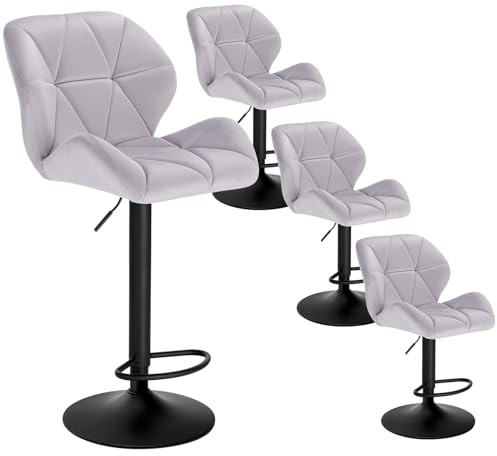 WOLTU Barhocker 4er Set Barstuhl Tresenhocker Bistrohocker Designer Hocker mit Rückenlehne, höhenverstellbar, drehbar, Samt Stahl, Hellgrau BH139hgr-4