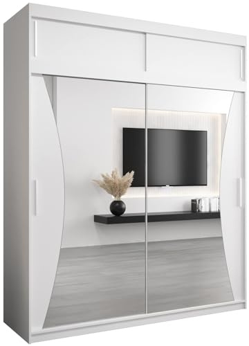 MEBLE KRYSPOL Kleiderschrank mit Spiegel Monaco - Garderobenschrank - Schrank Schlafzimmer - Mehrzweckschrank Zwei Schiebetüren - Regalen - Flur Möbel - Kleiderstange Schrank - Allzweckschrank