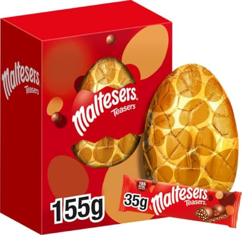 Maltesers Teasers Milk Chocolate Large Easter Egg 155g – Milk Chocolate Hollow Egg with 2 Maltesers Teasers Bags of Maltesers, Easter Chocolate Gift, Egg Hunt Treat, Basket Filler & Sharing
