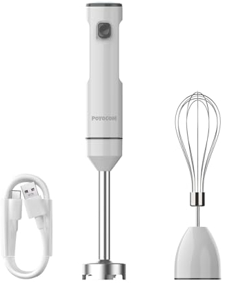Cordless Variable Speed Hand Blender, POYOCOM Immersion Blender handheld Rechargeable, with Type-C Cable, Egg Whisk, for Smoothies, Milkshakes, Puree Baby Food and Soups – White