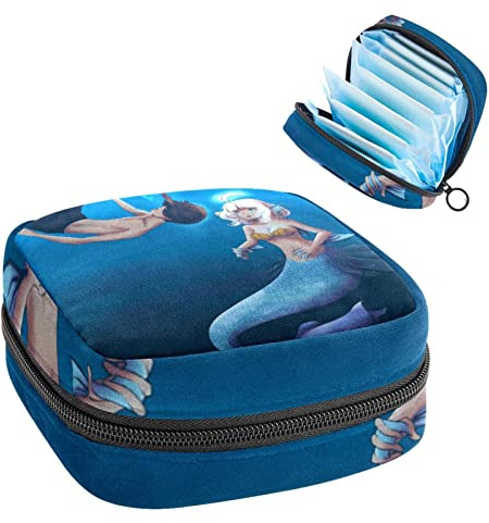 Mann und Meerjungfrau Love Period Pouch Tragbare Tampon Aufbewahrungstasche für Damenbinden, Mehrfarbig, 4.7x6.6x6.6 in/12x17x17 cm