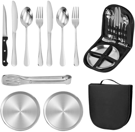 Vaisselle Camping 11 Set pour 2 Personnes, Kit Pique Nique Portable, Ensemble INOX D'extérieur pour Randonnée, Escalade, Barbecues