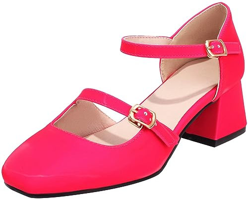 CUTEHEELS Sandalias de tacón grueso con correa en el tobillo para mujer, fucsia, 38 EU