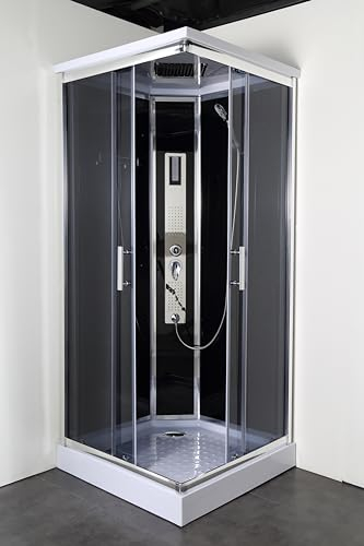 SANOTECHNIK Komplettduschkabine TREND 2 90×90×215cm – All-in-One Komplettdusche | 5mm ESG, schwarzes Rückglas, Touch-Radio, LED, Massagedüsen, Quick-Line Schnellmontage, CL71