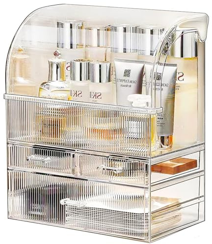 Suyoo Make-up-Organizer, groß, aus Acryl, für Kosmetik, mit wasserdichtem und staubdichtem Deckel, für Schlafzimmer, Badezimmer, Schreibtisch (Streifen, XL)