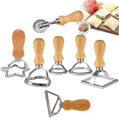 Lot de 7 emporte-pièces en bois de hêtre de qualité supérieure et acier inoxydable - Moule à ravioli, tampon à ravioli, emporte-pièces pour raviolis, pâtes, outils de boulettes