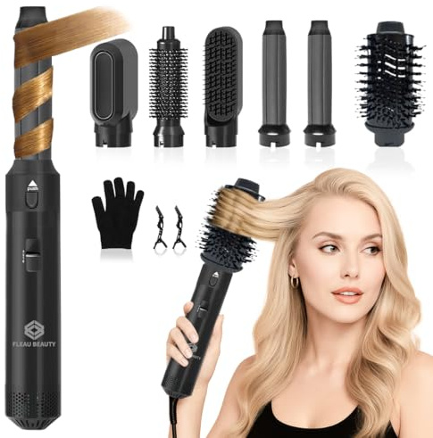 Fleau Beauty Haartrocknerbürste – PRO Edition – Multistyler – Lockenbürste – Airstyler – Glättungsbürste – Haarstyler – 6-in-1-Set – Schwarz