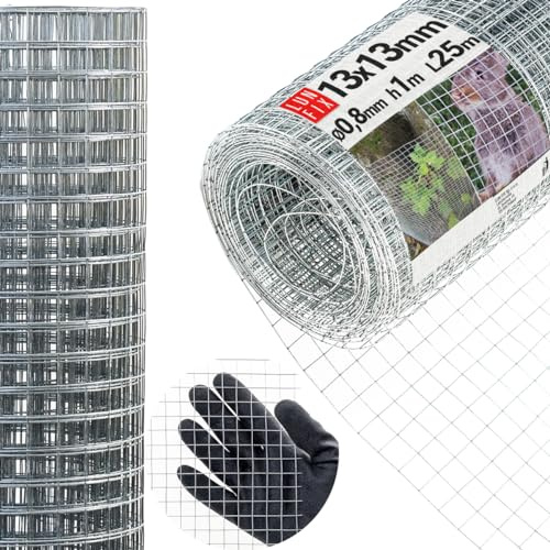 Drahtgitter feinmaschig 13x13 mm 0,8 mm 1x25 m 100x2500 cm Wühlmausgitter | Kaninchendraht Hasendraht Mäusegitter Volierendraht Rödeldraht Kaninchenzaun Metall Hasengitter Gitter