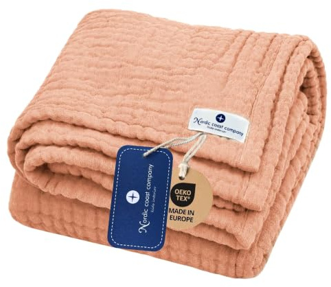 nordic coast company Musselin Decke Baby [70x75 cm] – Musselindecke | Krabbeldecke Neugeborene – 100% Baumwolle, 4-lagig, Spucktuch, Stilltuch – Baby Erstausstattung Neugeborene (Karamell)