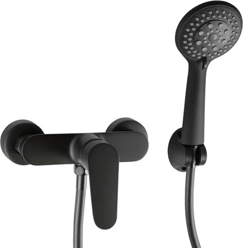 VALAZ Grifo Ducha Negro Mate | Grifo Monomando, Mezclador Agua Fría y Caliente, Ahorro de Agua | Instalación Fácil y Rápida | Grifo de Ducha Inoxidable, Cuello Curvo Redondo, Serie Pisuerga