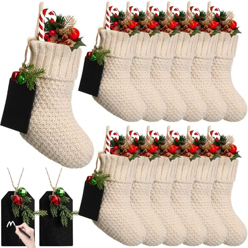 Zubebe Mini-Weihnachtsstrümpfe, gestrickt, rustikal, mit 12 Namensschildern, Familie, Kamin, hängende Strümpfe, Urlaubsdekorationen, Strümpfe (weiß), 12 Stück