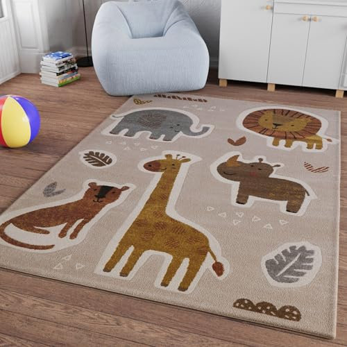 Smart Kids Gewebter Kinderteppich Erlebe den Dschungel mit Löwen, Elefanten, Giraffen und Nilpferden – Nala & Friends (200 x 290 cm, Sand beige meliert)