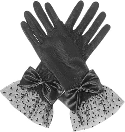 JIHUOO Kurze Tüll-Spitzenhandschuhe für Damen, durchsichtige Handschuhe, elegante Abendhandschuhe, Hochzeit, Party, formelle Anlässe, Handschuhe mit Schleife, Schwarz