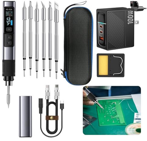 HS-02A Elektrischer Lötkolben PD/QC 100 W Tragbar Intelligente Temperaturregelung Soldering Iron Station DC9-24V Power Interface, Einstellbar, Lötkolben Set mit Einstellbar 100-450°C, Metallgehäuse