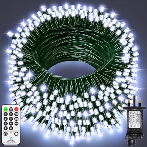 60M 500 LED Fairy Lights Outdoor Green Wire String Lights Plug in Waterproof Christmas Lights Mains Powered with Remote Timer 8 Modes for Outside Garden Patio Yard House Party Decorations-Cool White