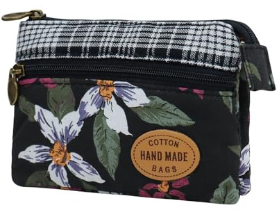 Energather Mini Geldbeutel, Baumwoll Coin Purse Münzbörsen für Damen und Frauen, Blumenmuster Mini Portemonnaie Klein mit Reißverschluss für Kleingeld, Karte, Quittung, Münzen (Schwarz)