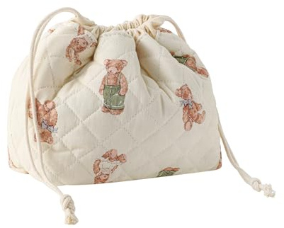 RSRSLEII Small Cotton Quilted Drawstring Makeup Bag, Cute Coquette Drawstring Cosmetic Bag with Canvas Lining, Aesthetic Travel Organized Toiletry Bags for Purse (Drawstring Bear)