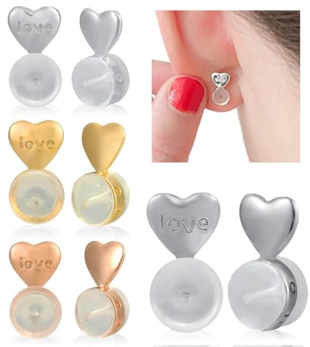 Honicemar Herzform Ohrringverschlüsse – 4 Paar Earring Lifters aus Metall Kupfer und Silikon, Ohrringlifter Ohrringstopper Ohrringheber für Hängende Ohren Ohrringe die zum Herunterfallen Neigen