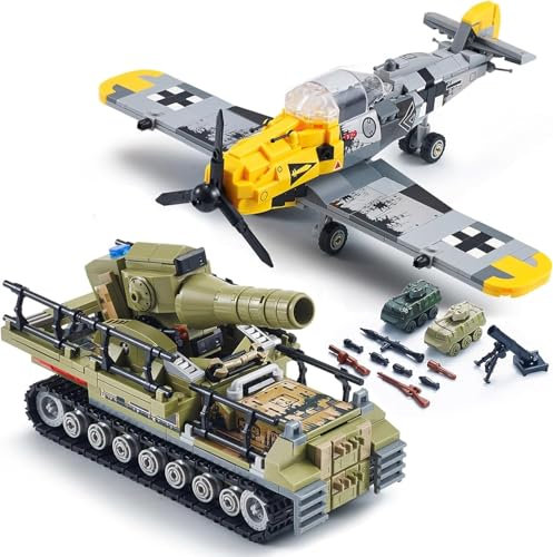 Ebortsin Technik Militär Spielzeug Bausteine Set, BF109 Kampfflugzeug & Karl Selbstfahrender Mörser Panzer Bausteine, Militär Geschenke für Militärbegeisterte und Jungen, 1015+ Teile