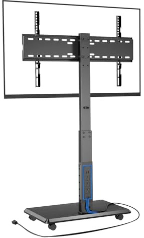 Afaloona Rolling TV Stand with Power Outlet, Mobile TV Stand for 32-75 Inch TVs up to 110 lbs, 30° Swivel TV Floor Stand, 18 Adjustable Heights, TV Cart on Wheels for Bedroom, Office, Outdoor, Black