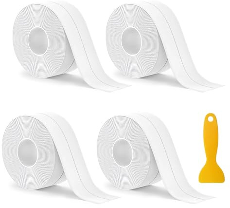 MetalNuts Dichtungsband Selbstklebend – 4 Rollen Weichsockelleiste PVC Abdichtband Wasserdichtes Dichtungsstreifen Set für Küche, Badezimmer, Waschbecken, Wandecke & Arbeitsflächen, Inkl. Spachtel