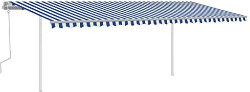 Auvent à bras articulés, 6 x 3 m, bleu et blanc, rétractable, avec poteaux, aluminium revêtu par pulvérisation et fer, tissu 100 % polyester avec revêtement en polyuréthane, parfait pour la terrasse