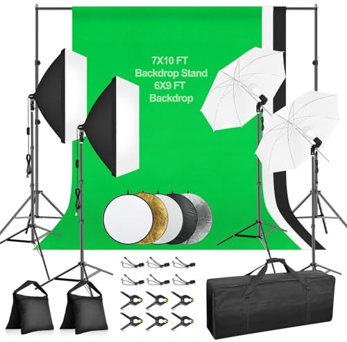 Qoolfoto 7x10ft Photography Lighting Kit with 3-Color 6x9ft Backdrops, Umbrella & Softbox Continuous Lighting with 50W LED Blub, 5 in 1 reflectors for Photo Studio Portrait Video Recording