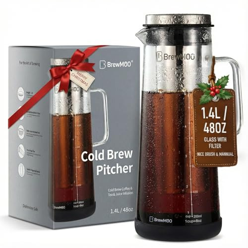 BrewMOO- Airtight Cold Brew Coffee Maker Pitcher, 1.4L/48Oz Thick Glass Carafe with Filter, Comfort Sturdy Handle & Wide Spout, Non-Slip Base | Iced Tea Maker (Black)