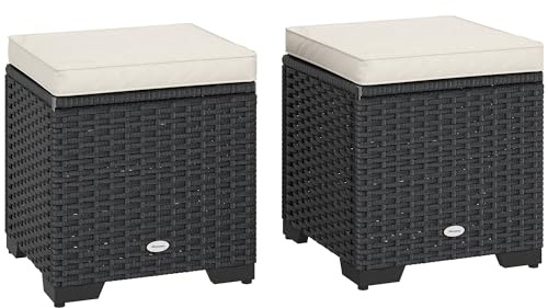 Outsunny Set of 2 Rattan Storage Ottomans Outdoor Footstool with Removable Cushions, Garden Storage Seat for Balcony, Porch, Living Room, Cream White