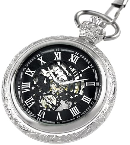 BOSHIYA Herren Taschenuhr Mechanische Leuchtende Vintage Steampunk Skelett Halbjäger Handaufzug Mechanische Taschenuhr mit Kette für Herren
