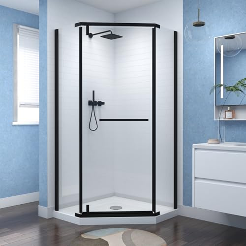 GOBESTRY 36 D x 36 W x 72 H Neo-Angle Frameless Shower Door with Shower Base, Corner Shower Door with Stainless Steel Hardware, 1/4” (6MM) SGCC Tempered Glass, Matte Black Finish