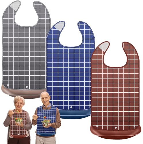 Aicharynic Lätzchen für Erwachsene: 3 Stück Wasserdichte Lätzchen Ältere, Karomuster Schürze Erwachsene, Lätzchen Set Grau Beige für Senioren & Pflege (Grau/Beige/Navy)