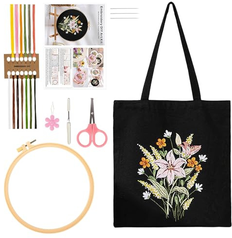 Sticken Set Erwachsene, Mit Blumenmuster Canvas Tasche Stickerei Set, DIY Canvas Tasche Stickset Handgefertigte Taschen, Stickset mit Stickrahmen und Anleitung, für Anfänger Gerne Basteln, Schwarz