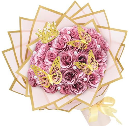 Nagoyuki 24 Stück Glitzer-Rosenstrauß, Glitzer Bouquet, DIY blumenstrauß künstlich mit Krone für Valentinstag, Hochzeit, Verlobung, Geburtstag (Rosa)