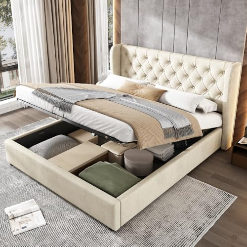 Wyibwy Letto imbottito 180x200cm, letto contenitore matrimoniale con dispositivo idraulico, struttura letto con rete a doghe e spazio contenitore, Panno antipolvere sul fondo della scatola, Beige